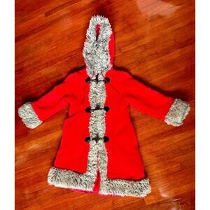 Vintage 50’s 60’s Red Gray Faux Fur Hooded Overcoat Medium Girl's Junior